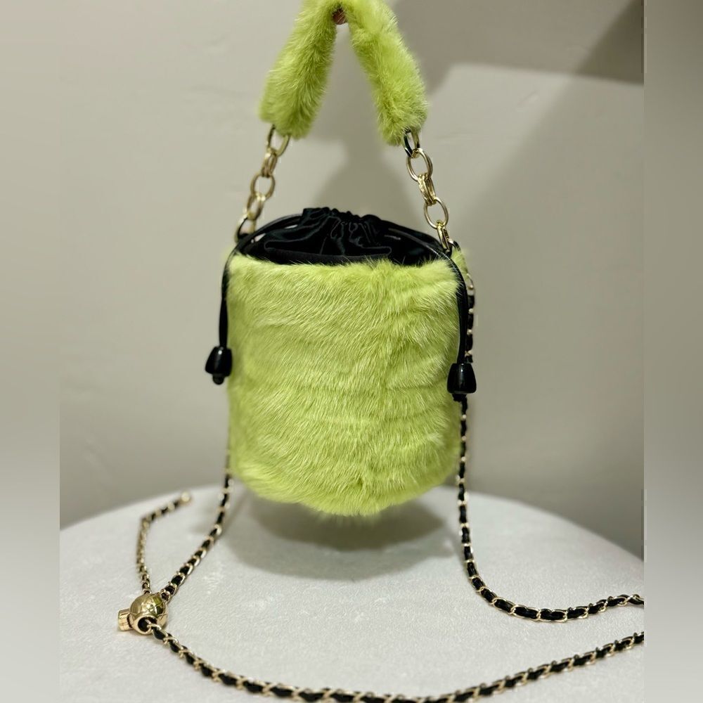 Handmade Lime Green Genuine Mink Fur & Drawstring Bucket Bag/Crossbody